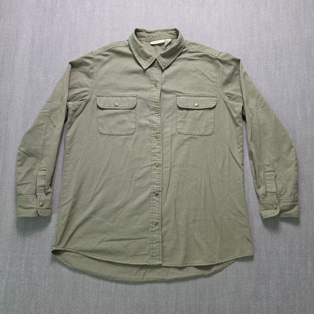 Midnight Sky Button Down Shirt Mens Large Olive Green Cotton Utility Snap Pocket